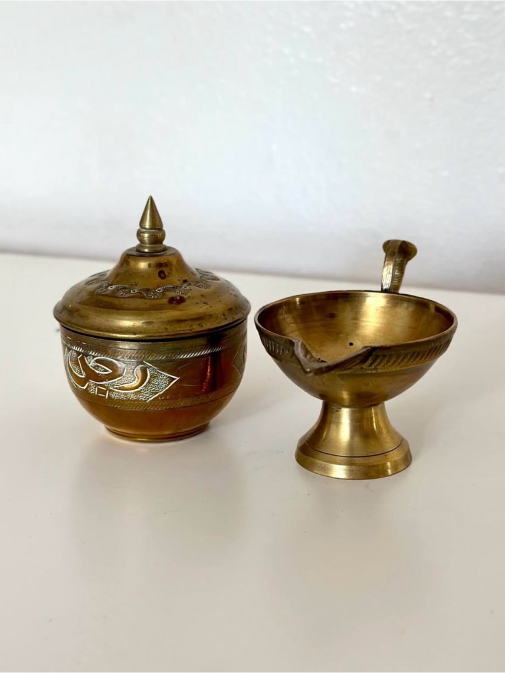 Vintage Middle Eastern Brass Lidded Trinket Pot & Pedestal Cup Set Arabic Script